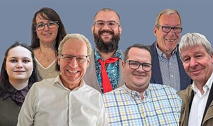 Herzogenaurachs Bürgermeisterkandidaten im Überblick. Obere Reihe, von links: Patrizia Siontas (Bündnis 90/Die Grünen), Phillip Medina (Die PARTEI), Michael Dassler (FDP). Untere Reihe, von links: Joy Wüstner (Die Linke), German Hacker (SPD), Stefan Zenger (CSU), Manfred Welker (Freie Wähler).“ Herzogenaurachs Bürgermeisterkandidaten im Überblick. Obere Reihe, von links: Patrizia Siontas (Bündnis 90/Die Grünen), Phillip Medina (Die PARTEI), Michael Dassler (FDP). Untere Reihe, von links: Joy Wüstner (Die Linke), German Hacker (SPD), Stefan Zenger (CSU), Manfred Welker (Freie Wähler).“