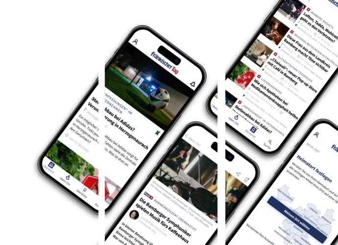 PLUS-App-Visual Fotomontage aus mehreren Smartphones, die alle eine der typischen Ansichten der App zeigen.