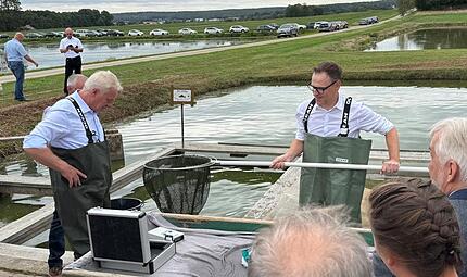 Bundeslandwirtschaftsminister Alois Rainer (l.) und Landrat Christian von Dobschütz (Neustadt/Aisch-Bad Windsheim) ziehen die ersten Karpfen der Saison aus dem Hallweiher bei Oberlindach. Bundeslandwirtschaftsminister Alois Rainer (l.) und Landrat Christian von Dobschütz (Neustadt/Aisch-Bad Windsheim) ziehen die ersten Karpfen der Saison aus dem Hallweiher bei Oberlindach.